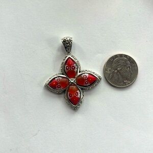Beautiful Red Alan K signed Murano glass cross millefiore sterling silver